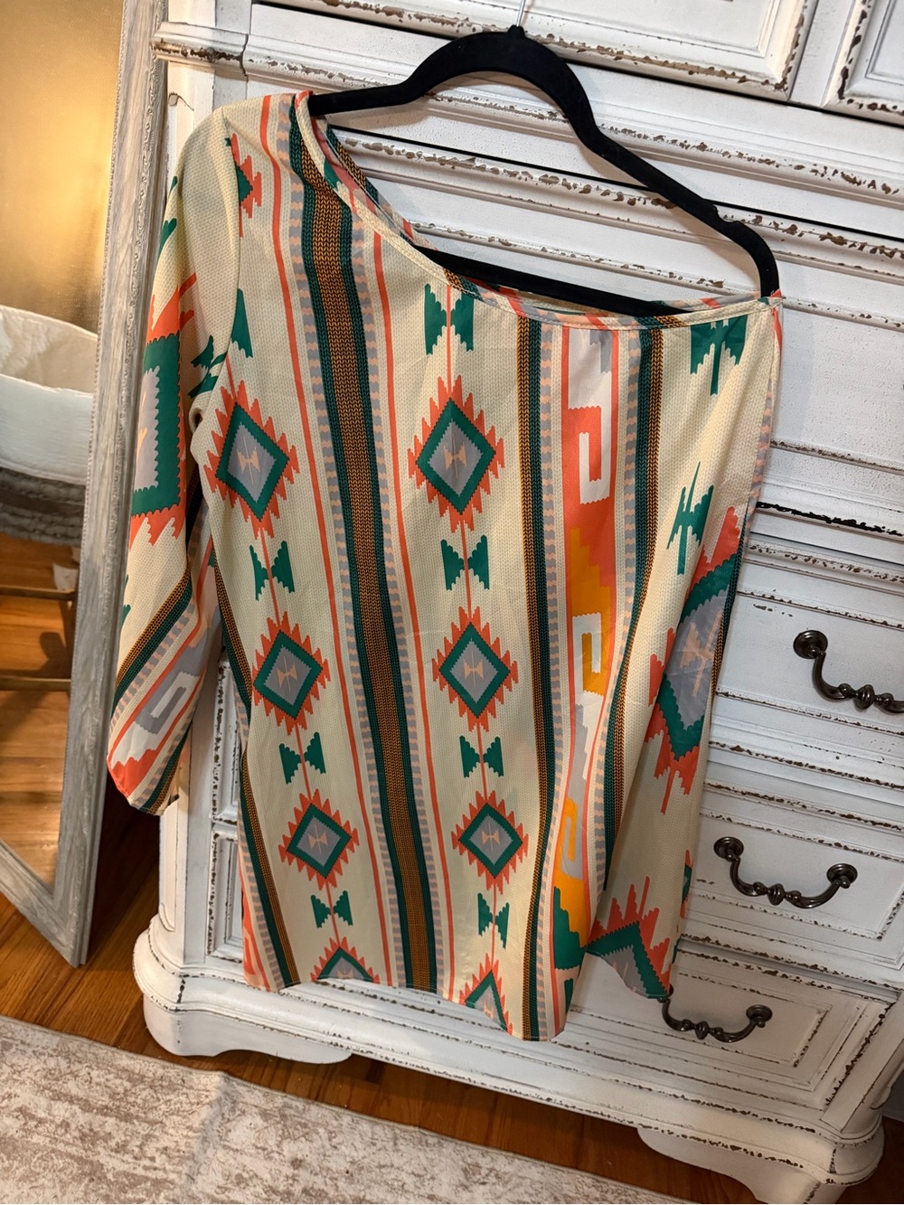 Southwestern Print Tunic Top in Cream, Teal & Coral